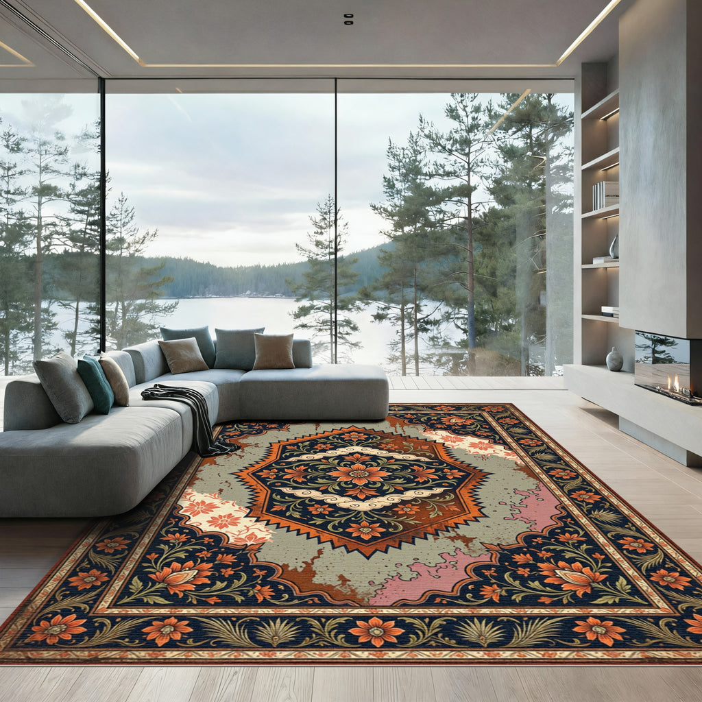 Vintage Burnt Orange Floral Medallion Rug