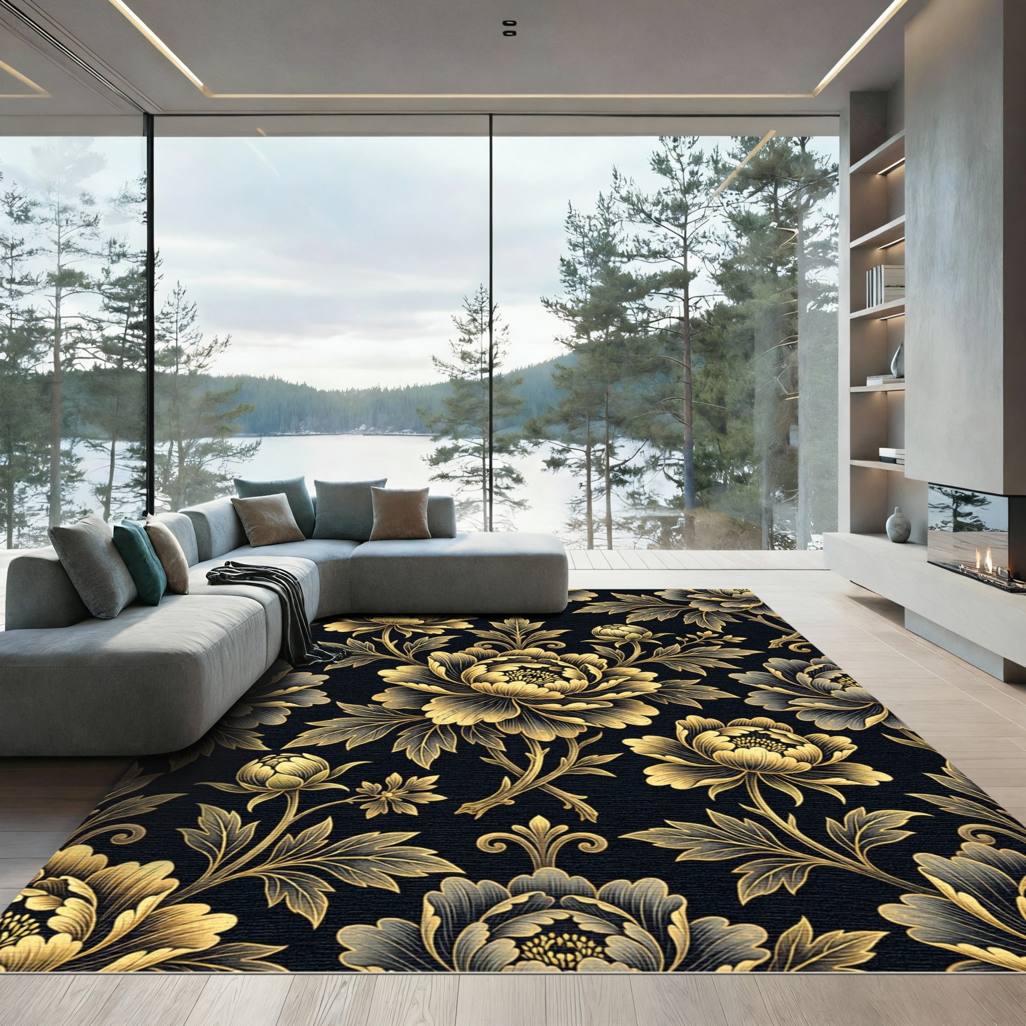 Elegant Golden Peony Floral Damask Rug