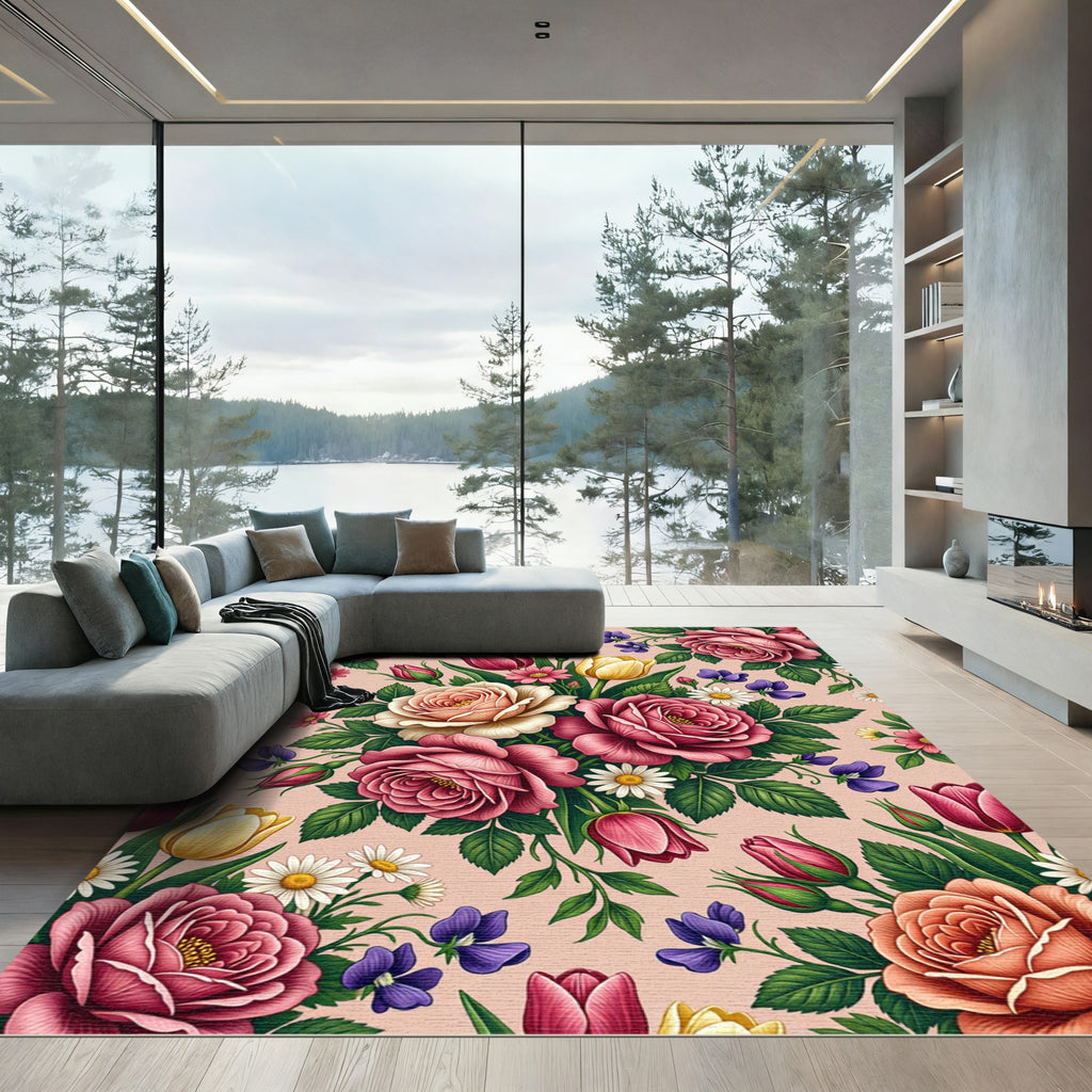 Vibrant Pink Floral Garden Arrangement Rug
