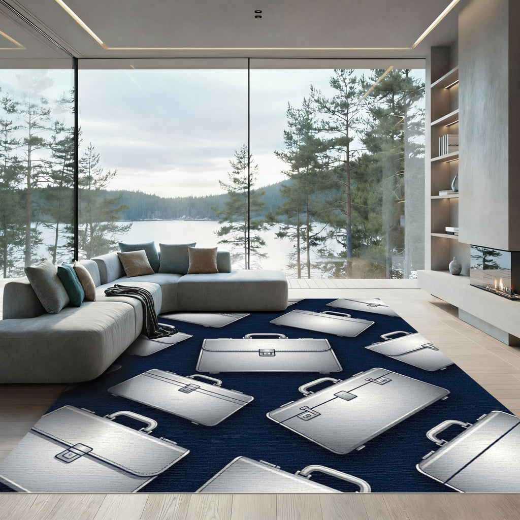 Modern Metallic Silver Briefcase Arrangement Rug