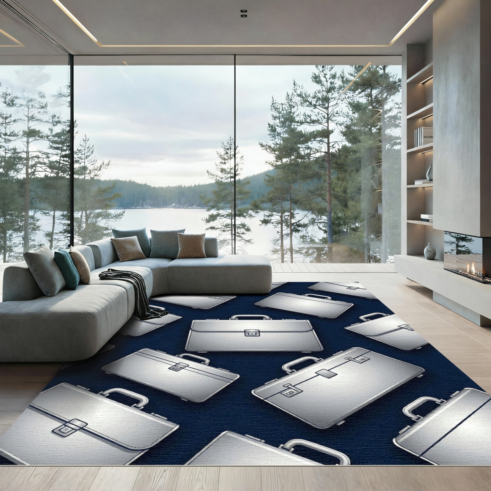 Modern Metallic Silver Briefcase Arrangement Rug