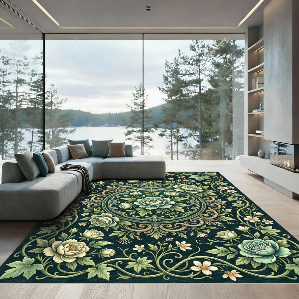 Elegant Sage Botanical Floral Medallion Rug