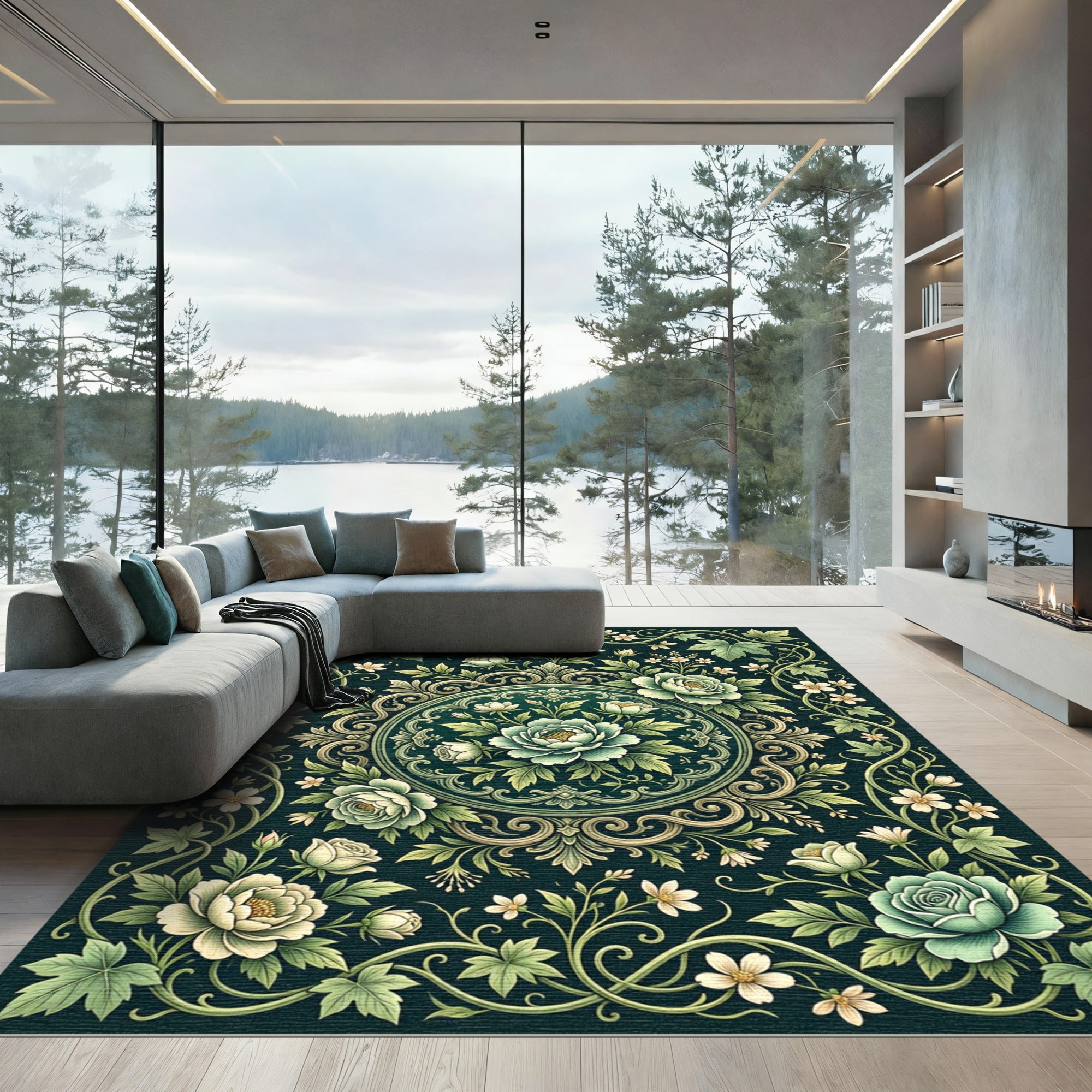 Elegant Sage Botanical Floral Medallion Rug