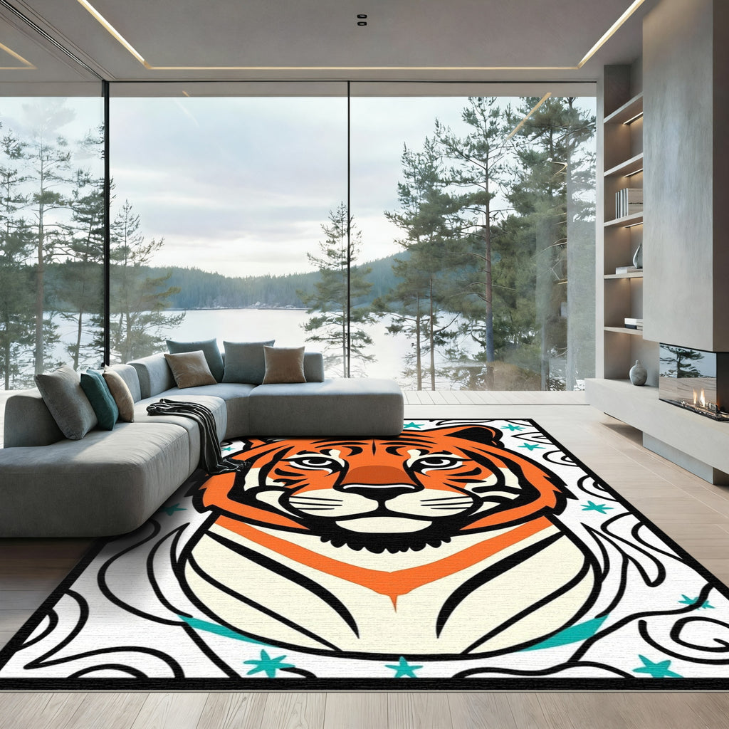 Bold Orange Tiger Face Art Rug