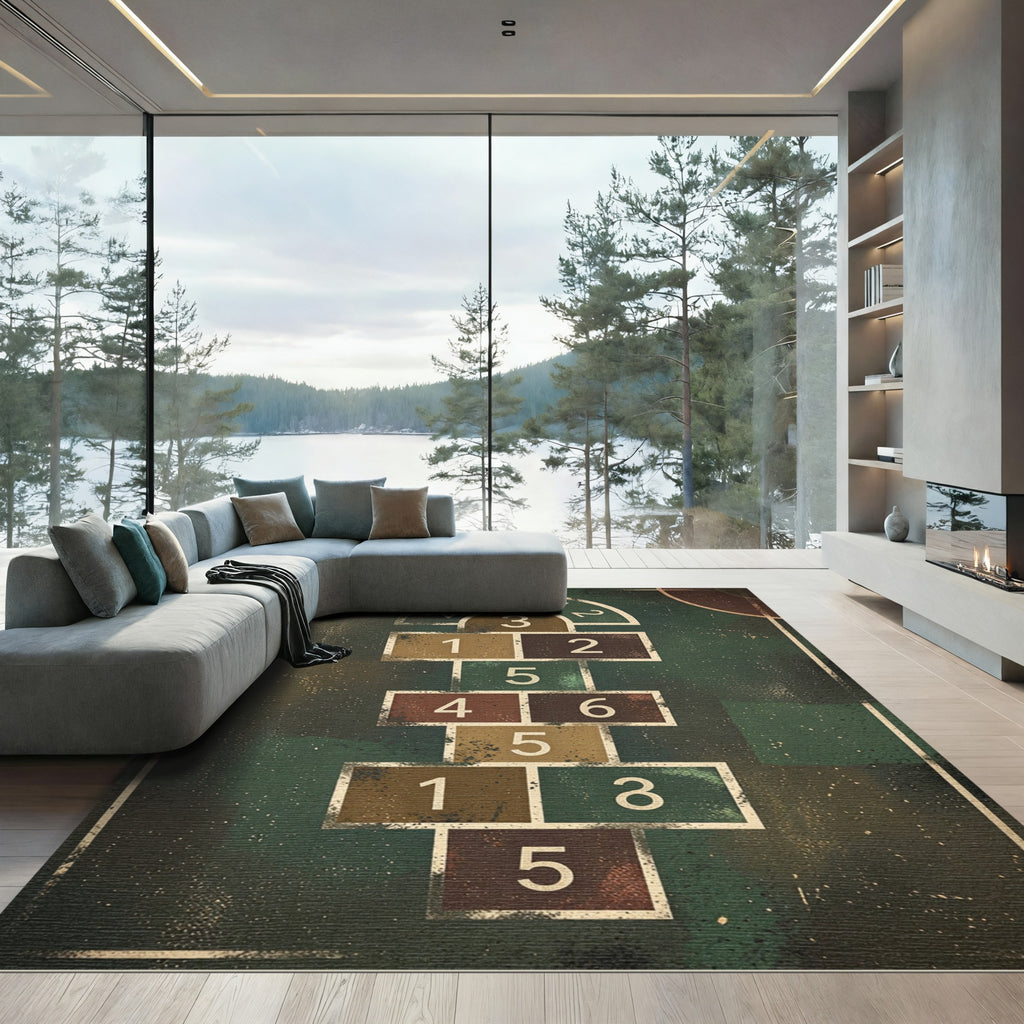 Vintage Hopscotch Grid Earthy Tonal Art Rug