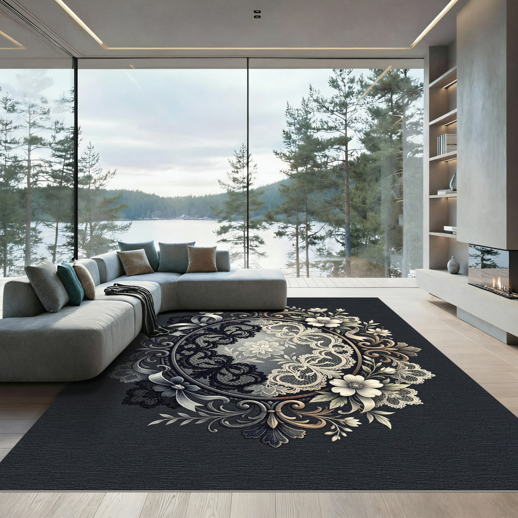 Ornate Lace Floral Medallion Oval Rug