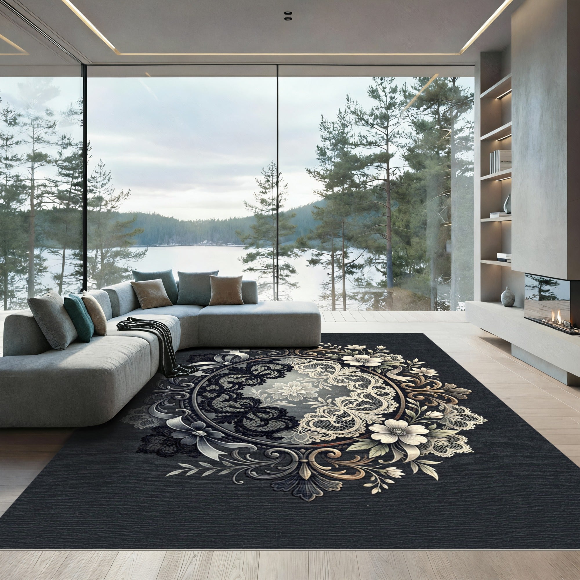 Ornate Lace Floral Medallion Oval Rug