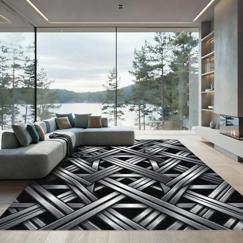 Metallic Silver Interlocking Geometric Weave Rug