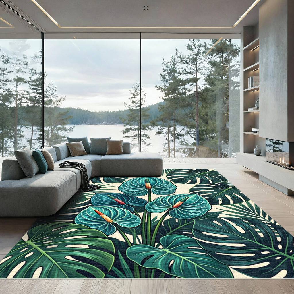Tropical Turquoise Anthurium Leaf Collage Rug