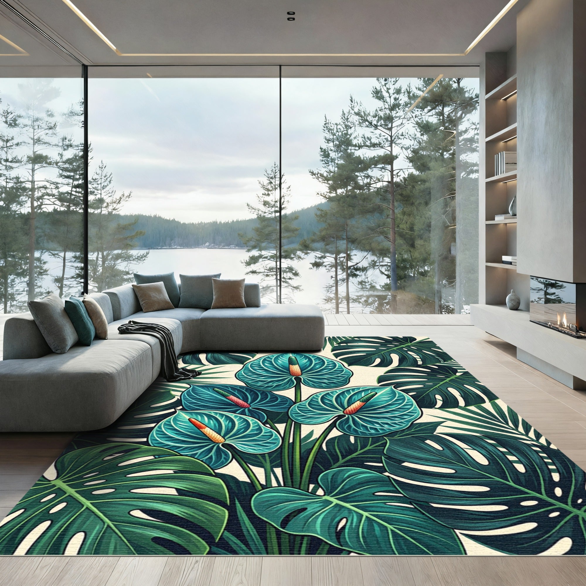 Tropical Turquoise Anthurium Leaf Collage Rug