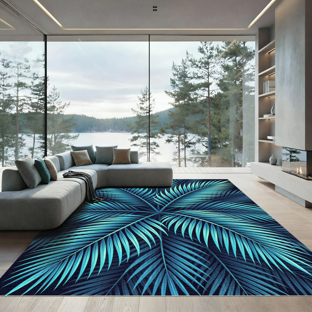 Lush Teal Tropical Palm Frond Rug
