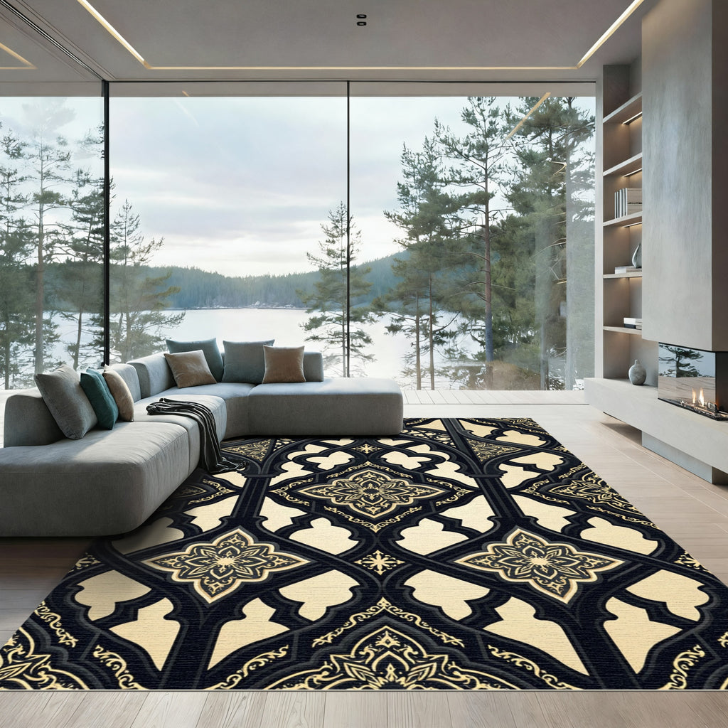 Gothic Ornate Gold Black Trellis Rug