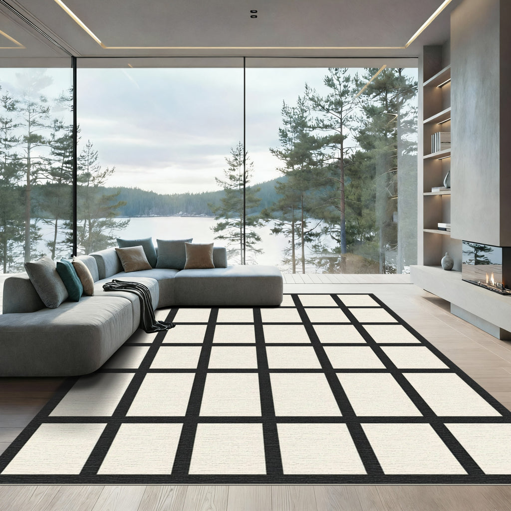 Black Cream Geometric Grid Rug
