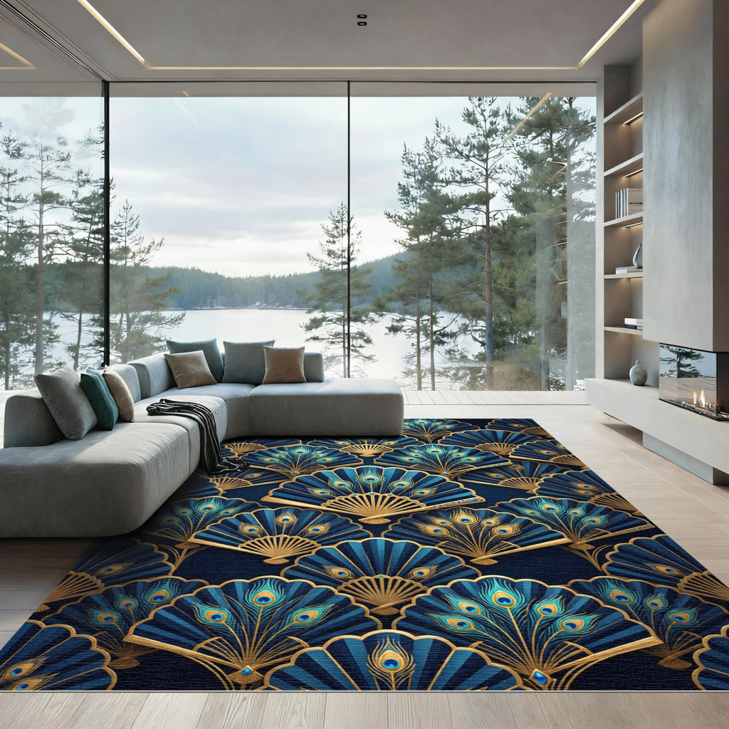 Art Deco Blue Gold Peacock Fan Rug