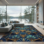 Art Deco Blue Gold Peacock Fan Rug