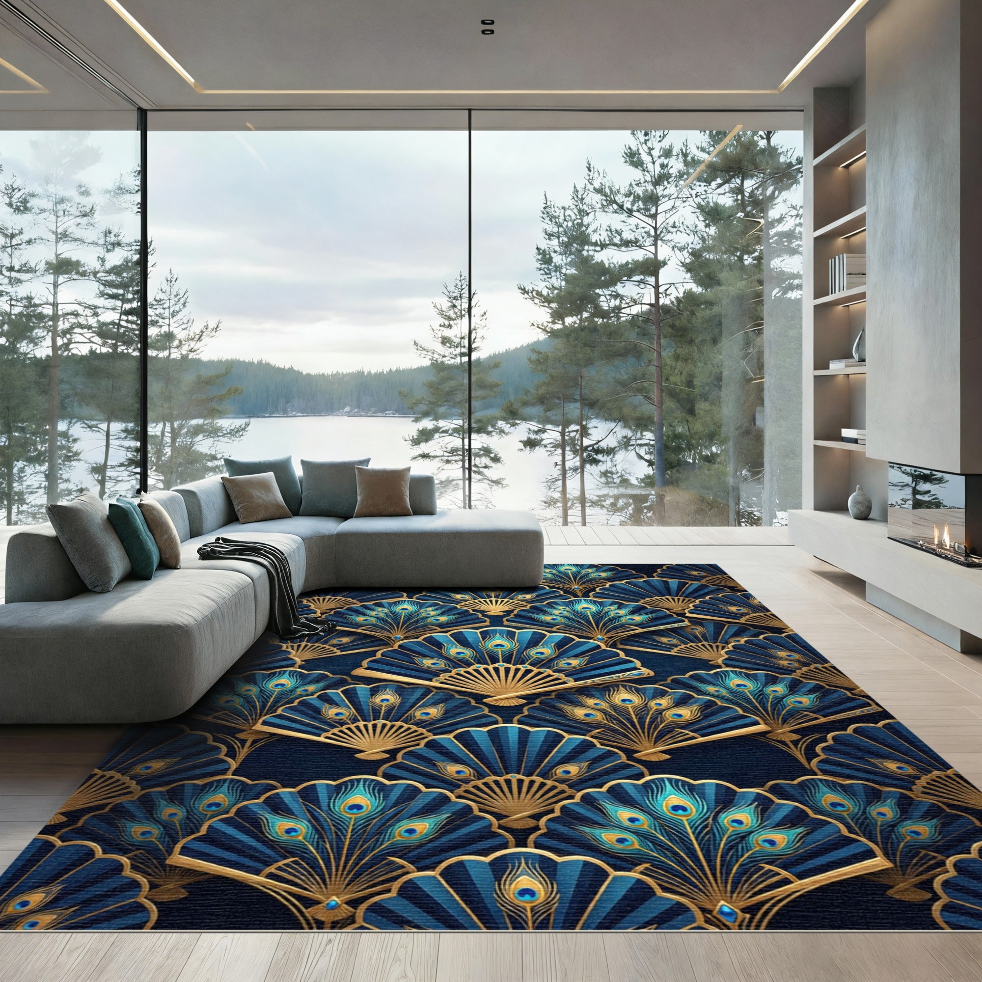 Art Deco Blue Gold Peacock Fan Rug