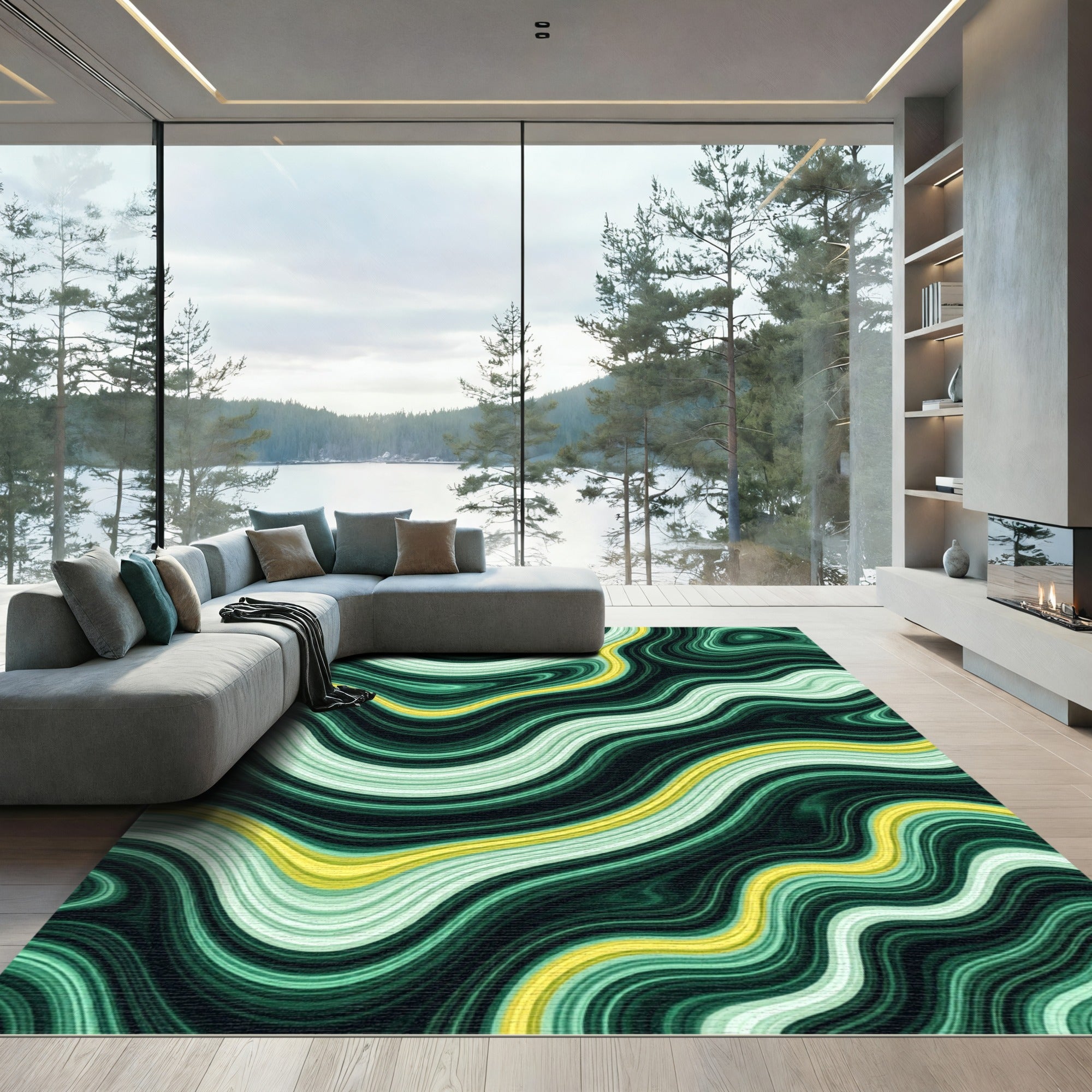Emerald Swirls With Golden Accent Rug