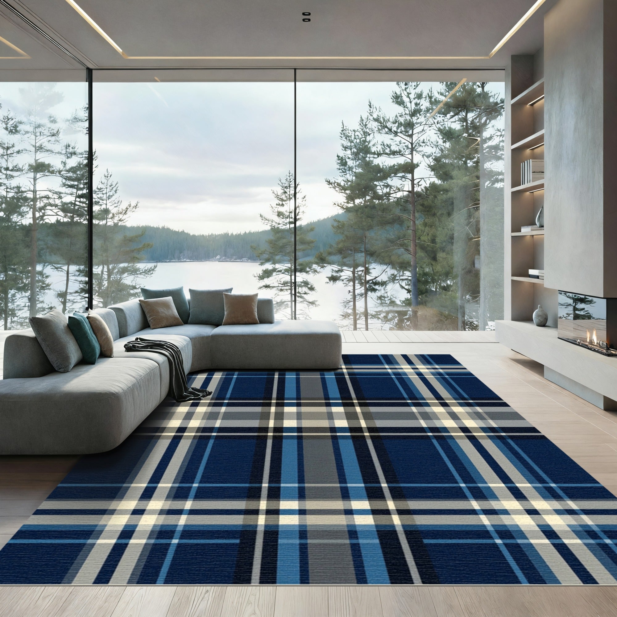 Navy Blue White Gray Plaid Lines Rug