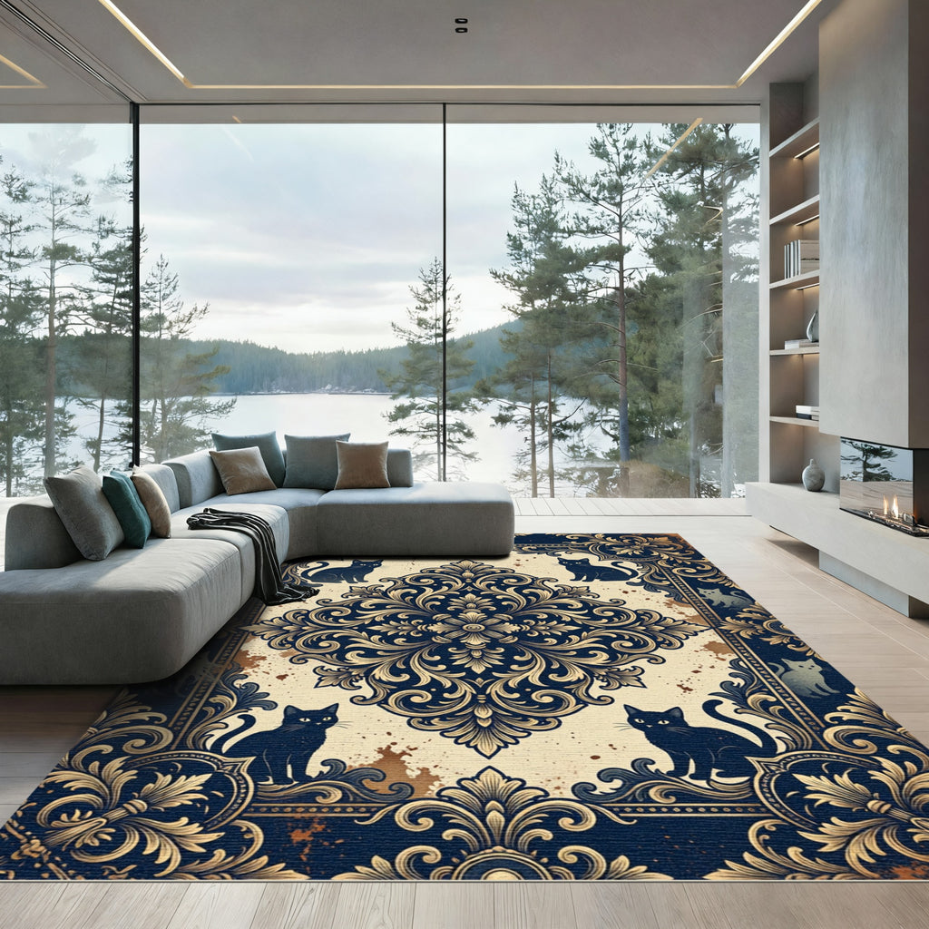 Dark Blue Damask Cat Medallion Rug