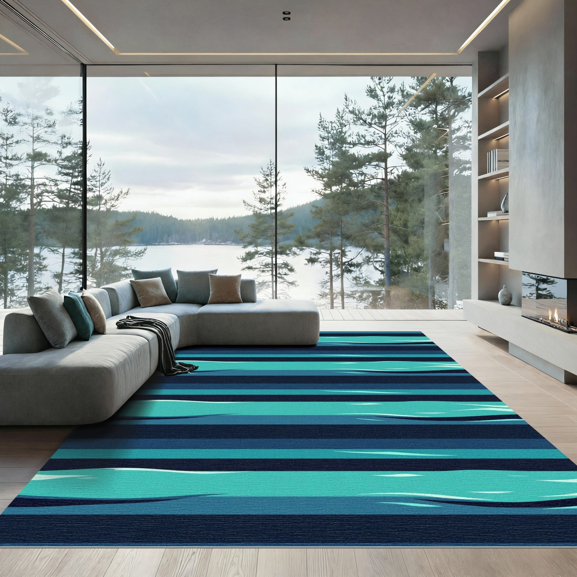 Abstract Teal and Navy Ocean Wave Striped Decor Rug