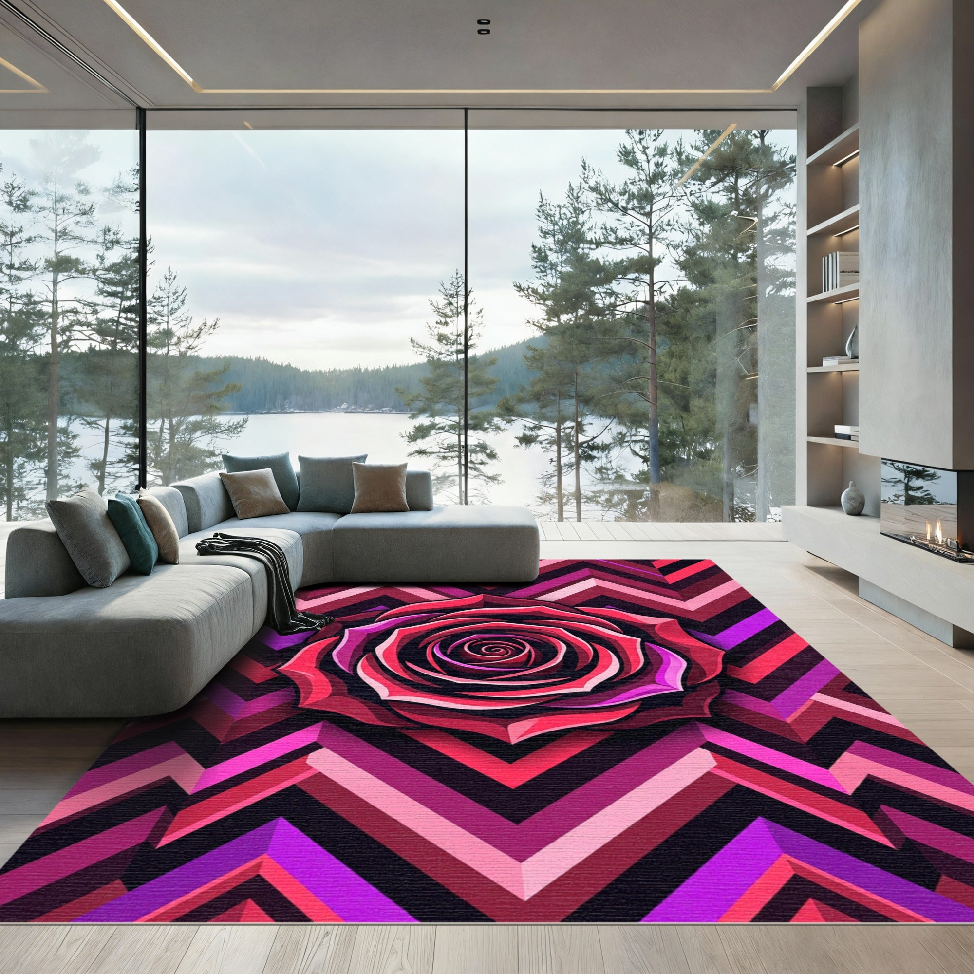 Geometric Vivid Rose Chevron Art Rug