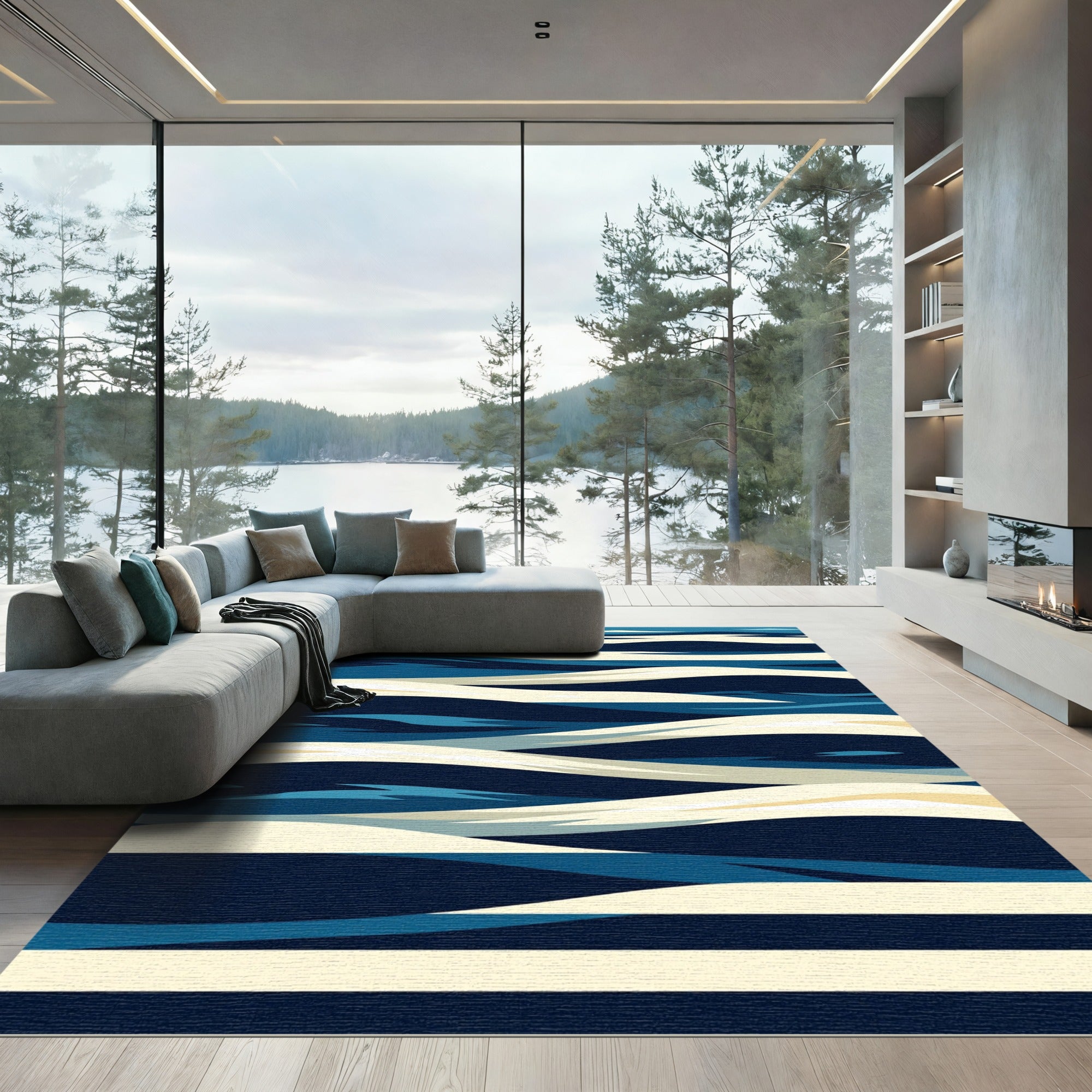 Abstract Navy and Cream Wave Rug