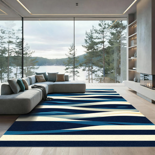Abstract Navy and Cream Wave Rug