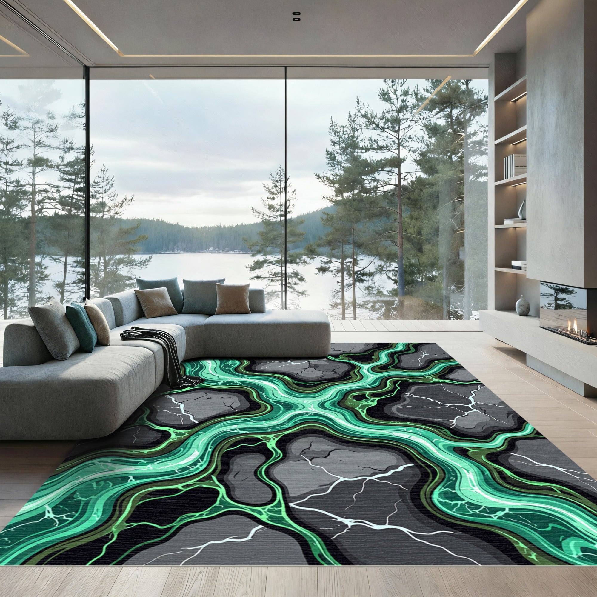 Luminous Emerald Crackled Stone Abstract Rug
