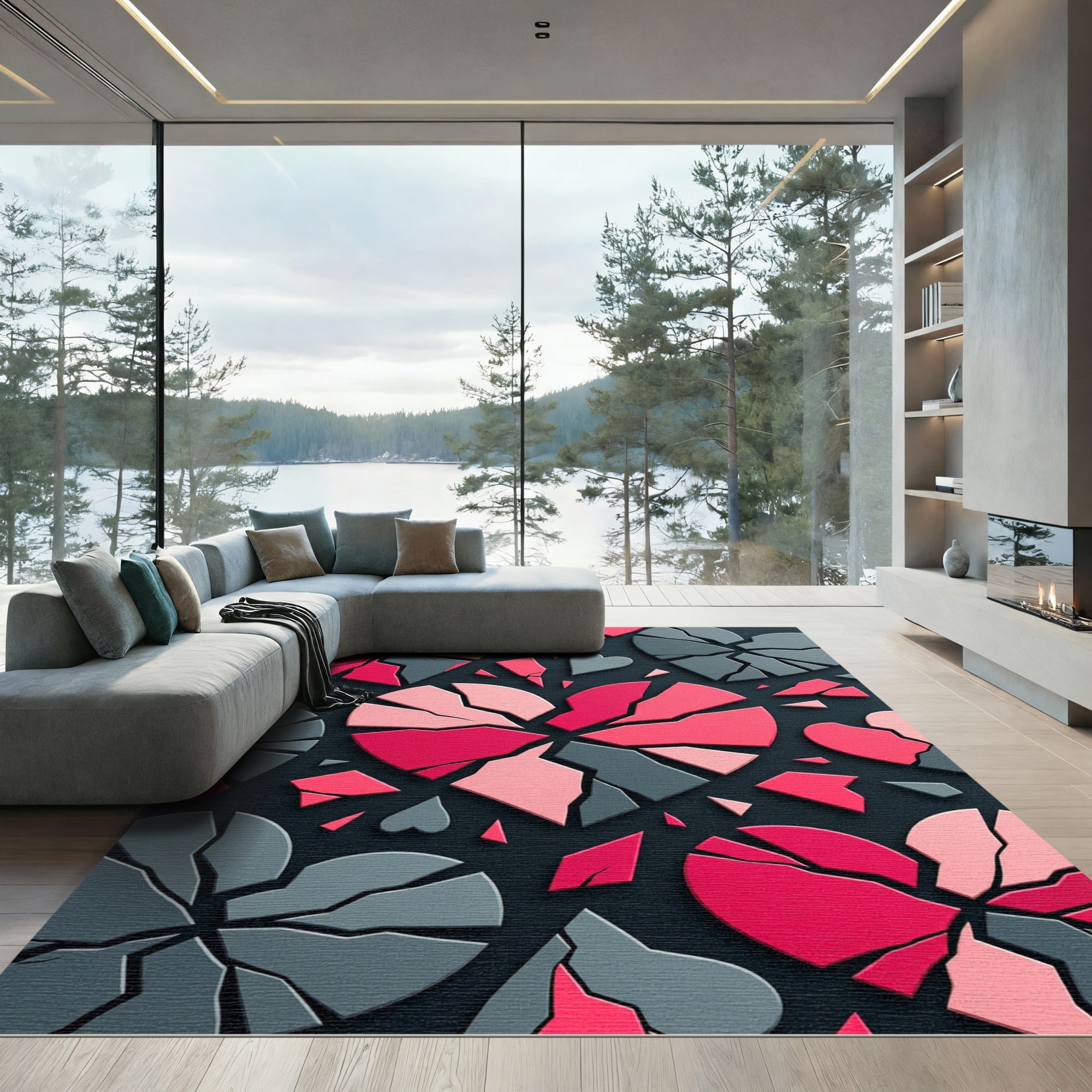 Pink Gray Broken Hearts Composition Rug