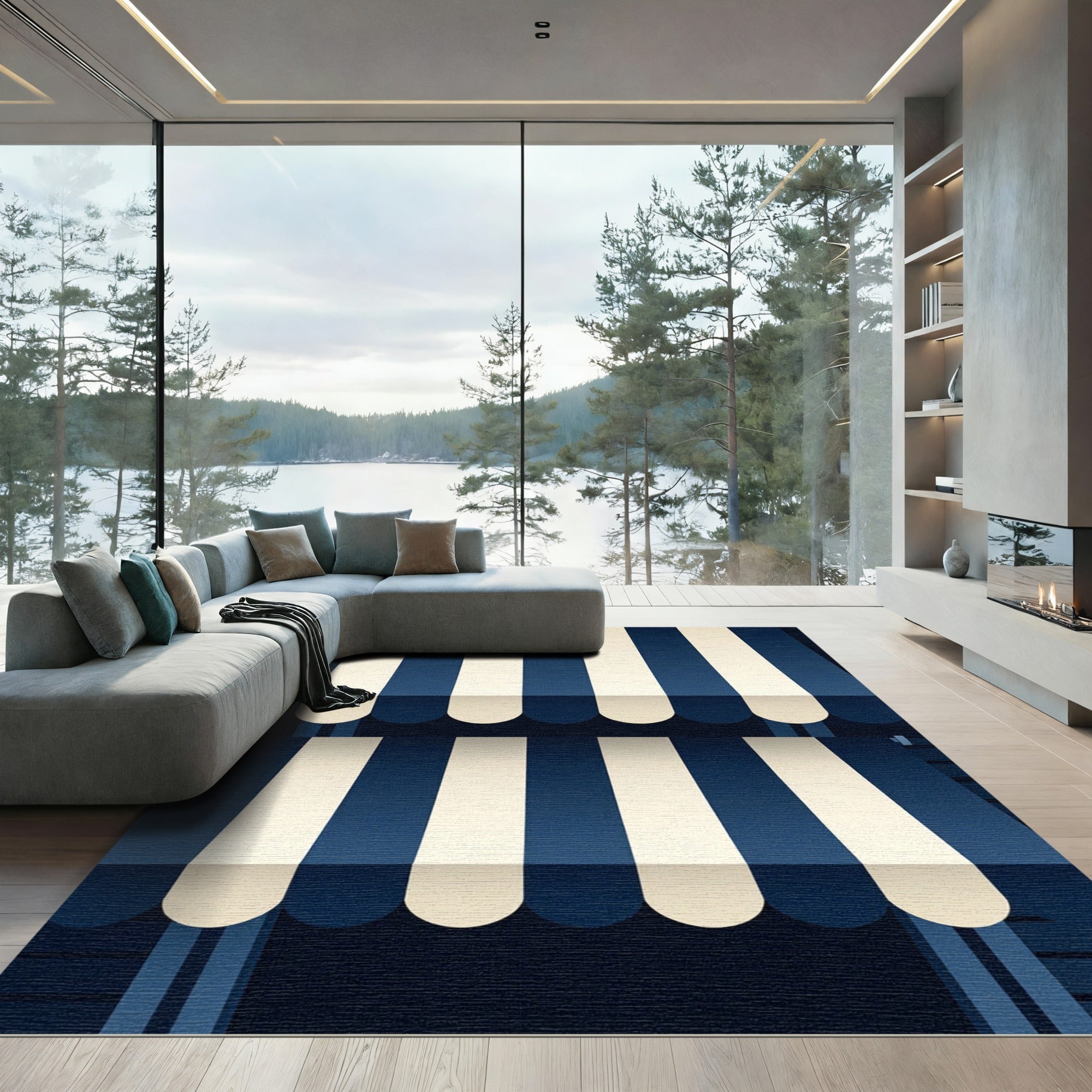 Navy and Cream Vertical Striped Awning Rug