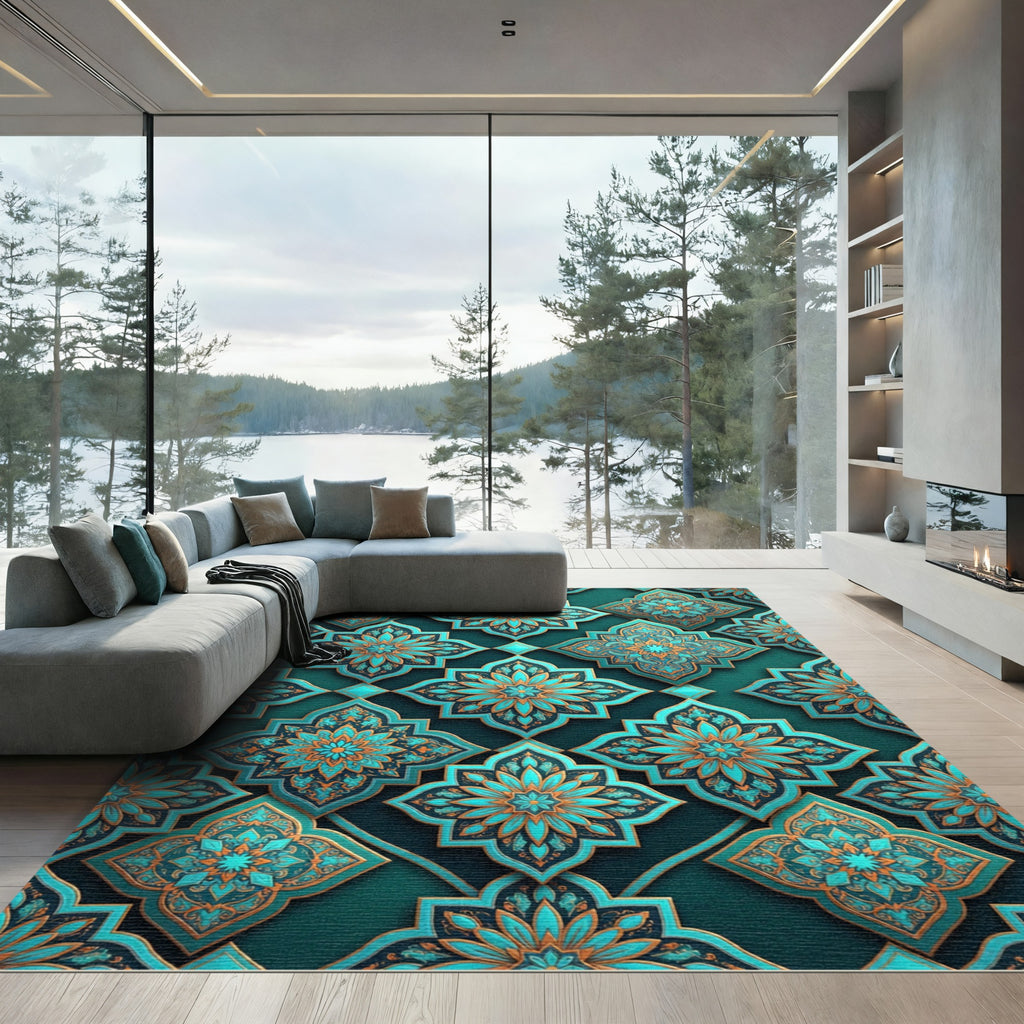 Teal and Gold Ornate Floral Tile Rug