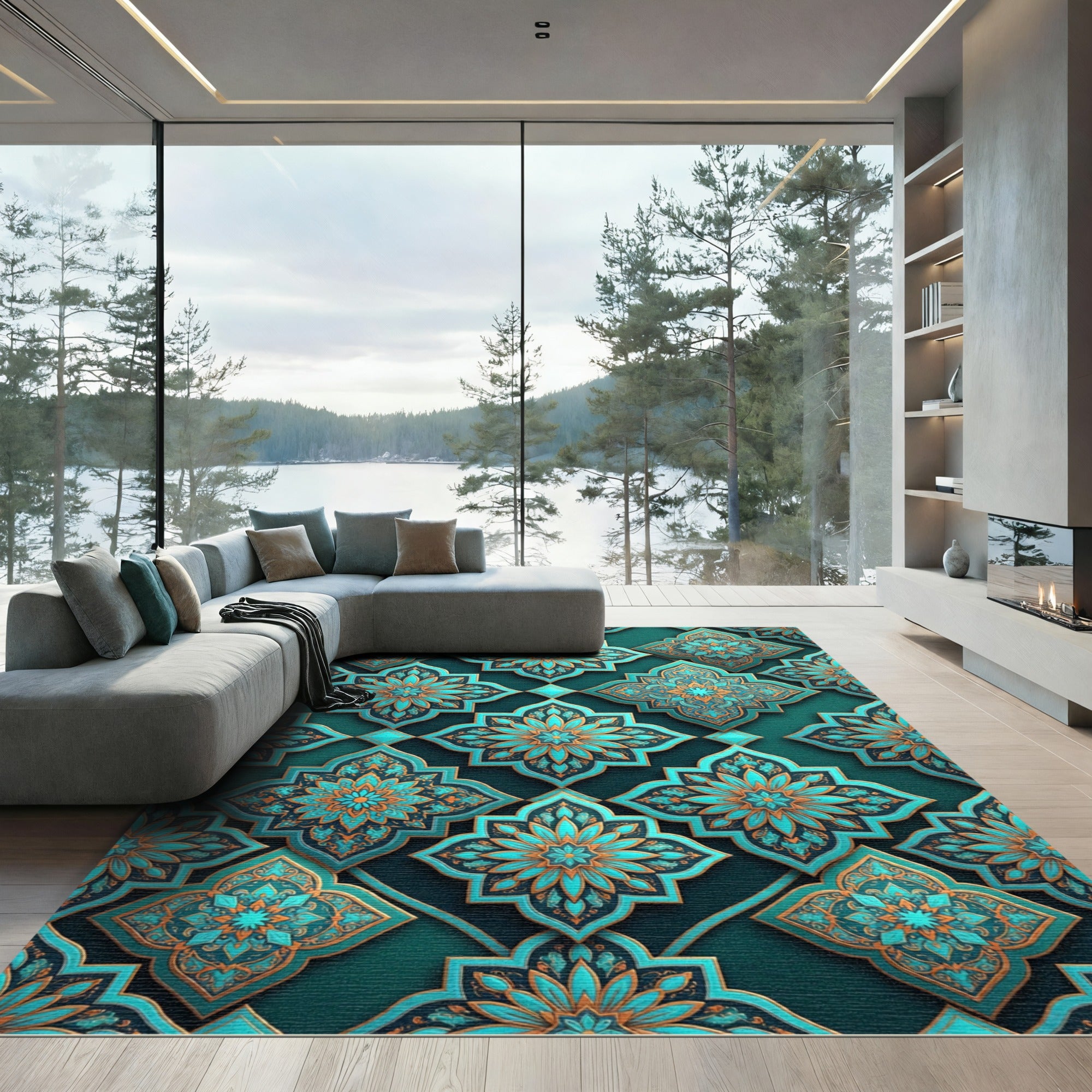 Teal and Gold Ornate Floral Tile Rug