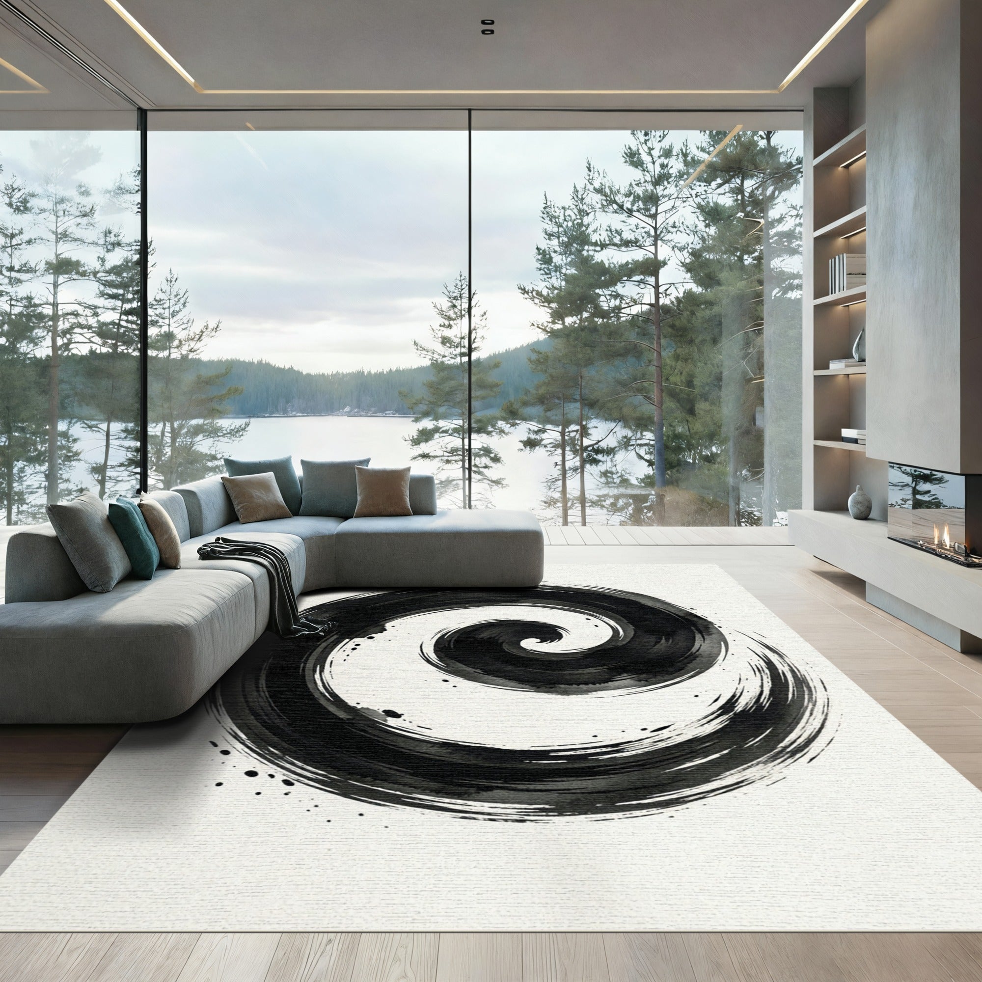 Black Ink Swirl Abstract Rug