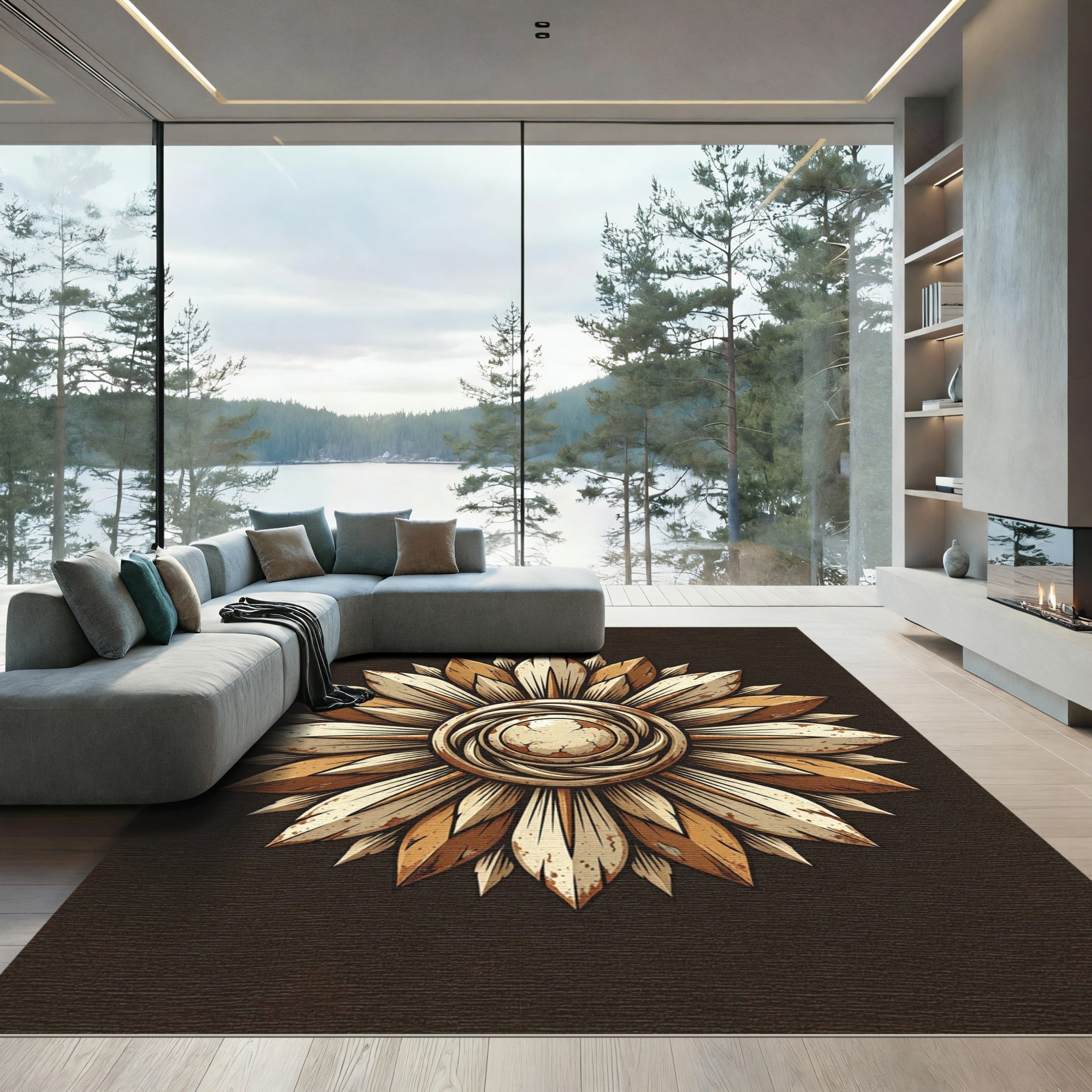Rustic Golden Floral Sunburst Medallion Rug