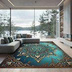 Ornate Teal Floral Medallion Scroll Rug