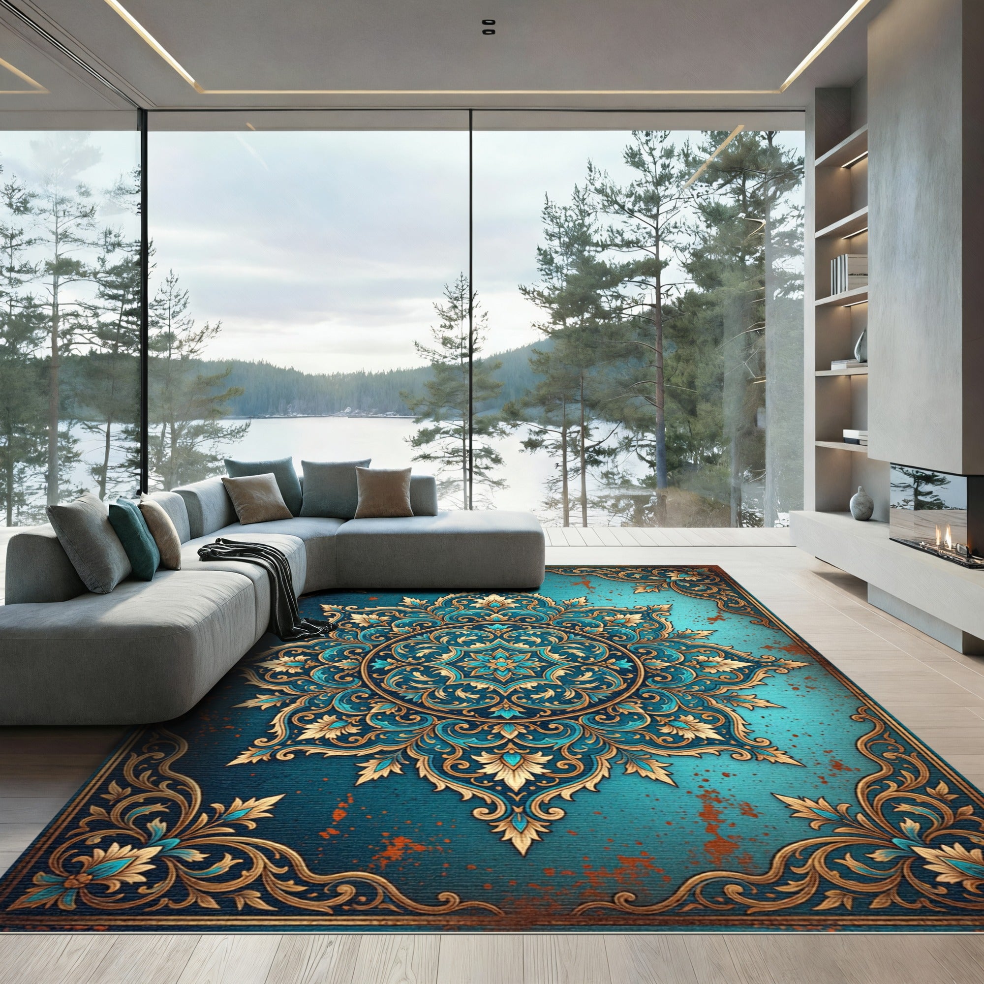 Ornate Teal Floral Medallion Scroll Rug