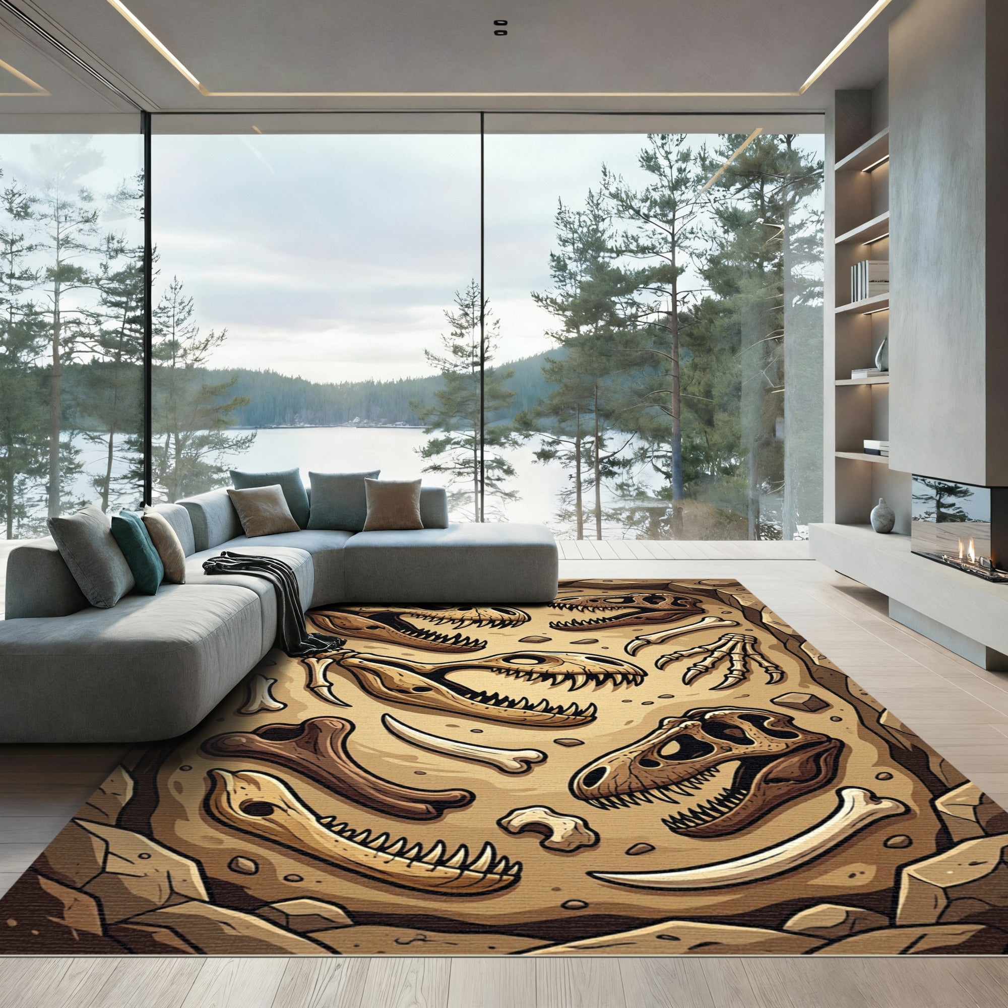 Prehistoric Fossil Skull Sandstone Earthy Rug