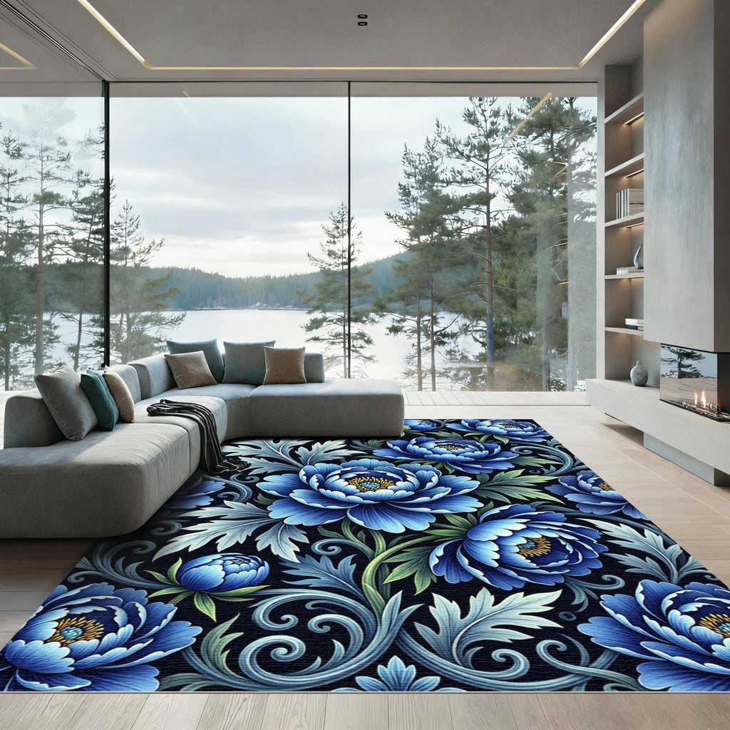 Deep Blue Peony Botanical Floral Art Rug