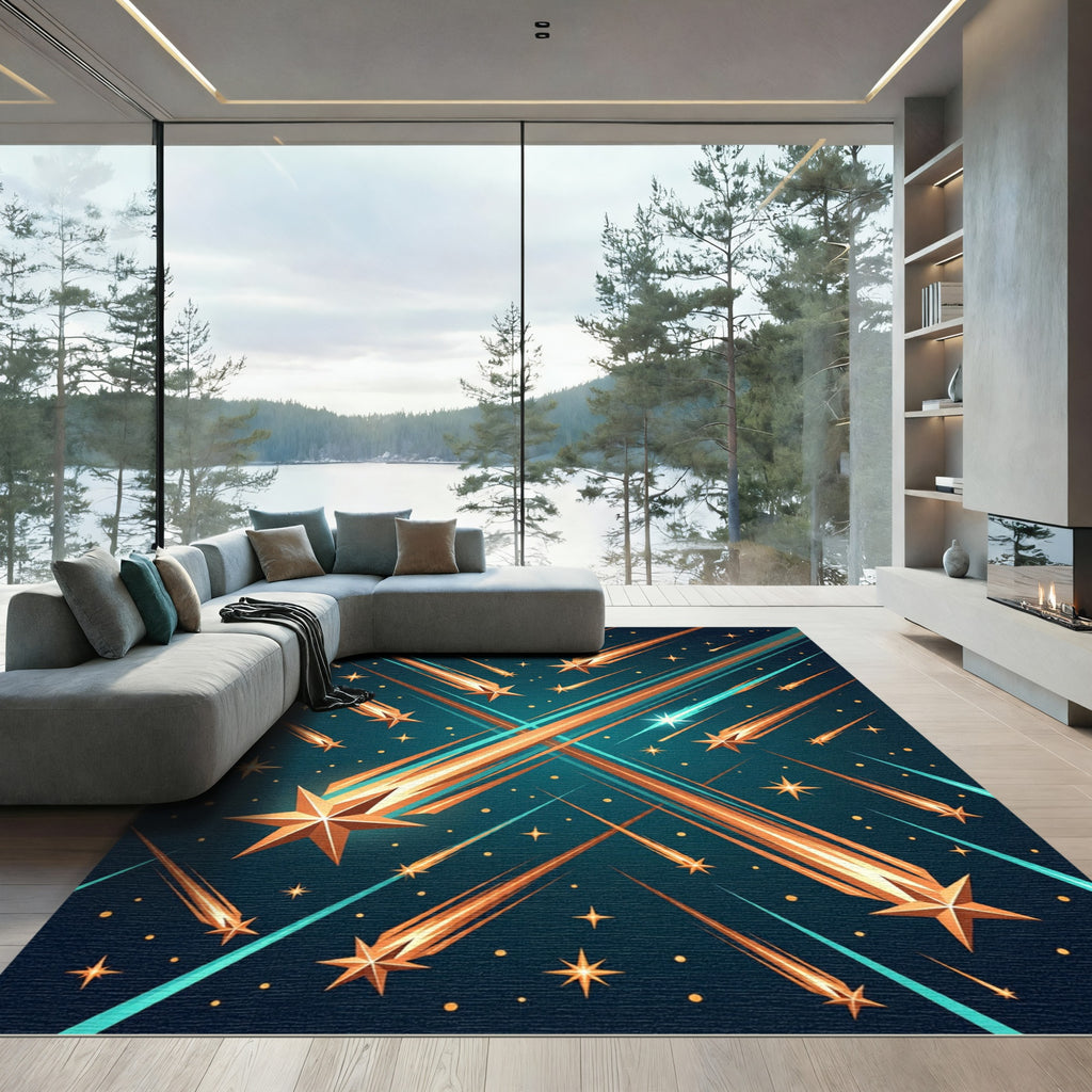 Ethereal Golden Celestial Shooting Stars Rug