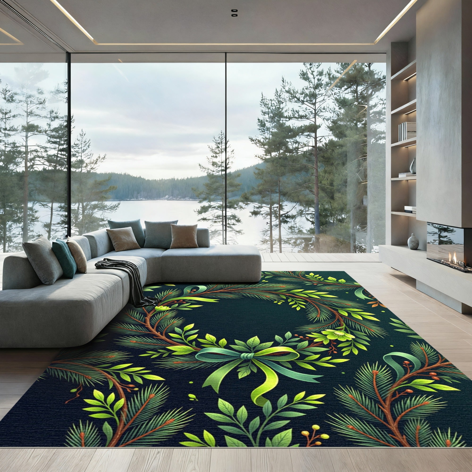 Evergreen Boughs Green Ribbon Wreath Rug