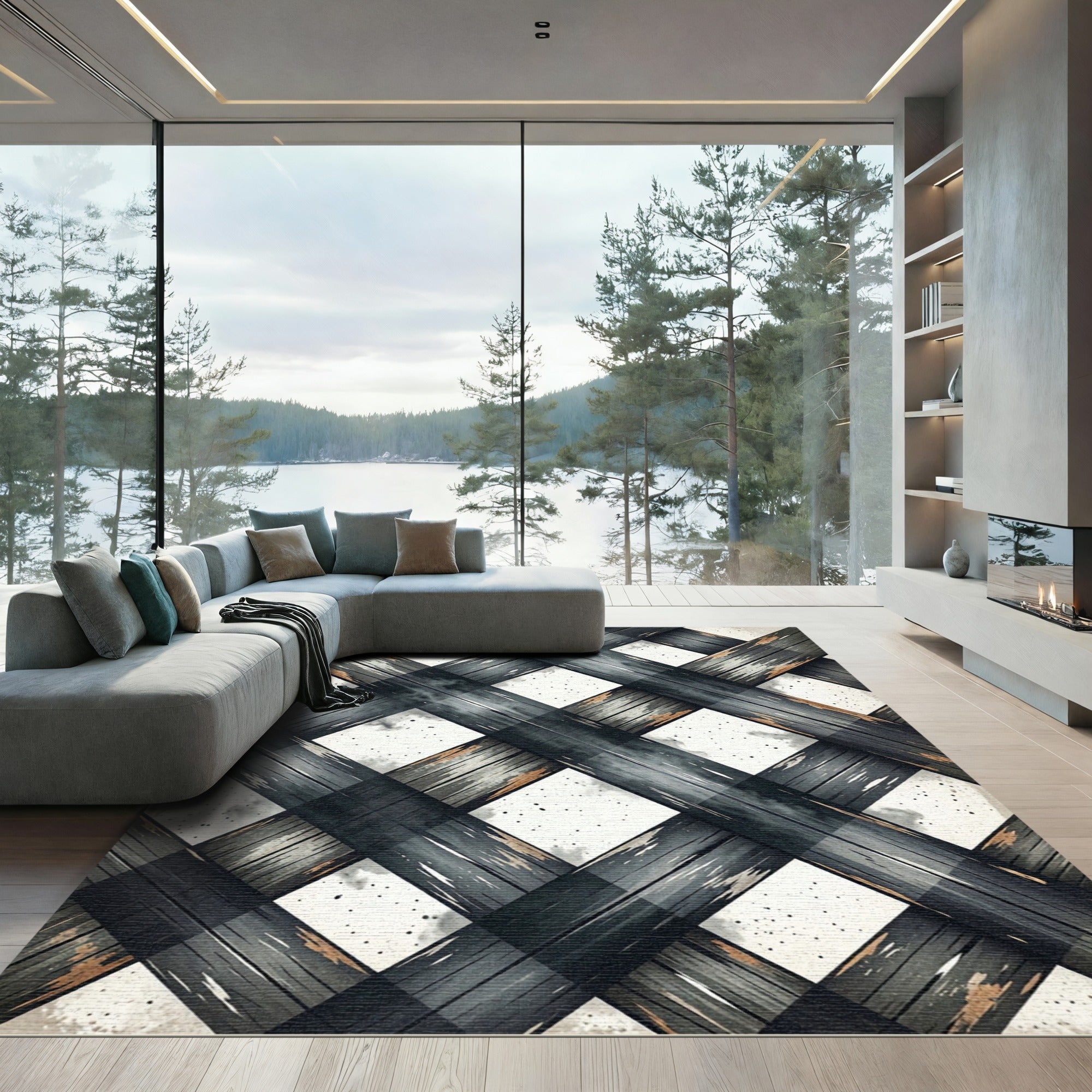 Modern Charcoal Monochrome Woven Plaid Rug