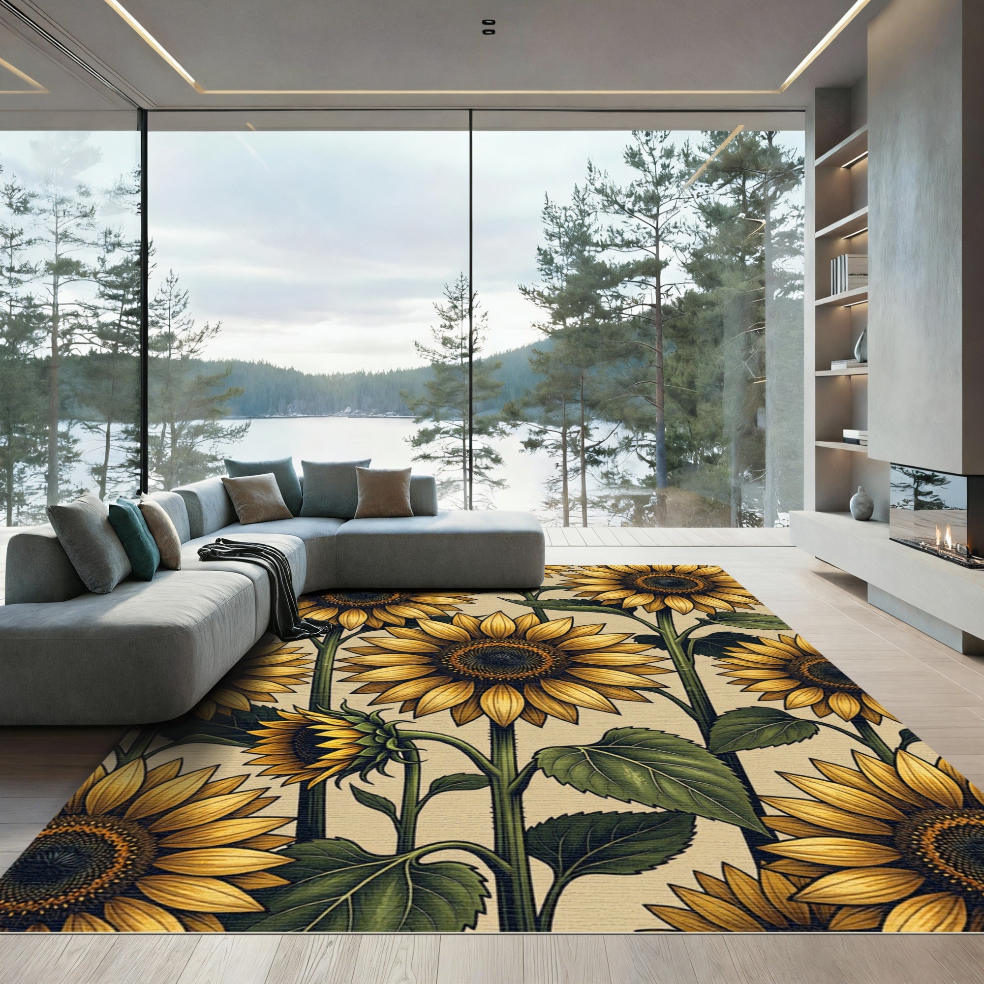Golden Sunflowers on Soft Cream Background Rug
