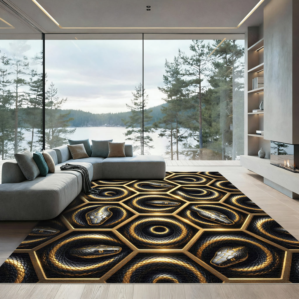 Gilded Serpent Hexagon Geometric Black Gold Rug
