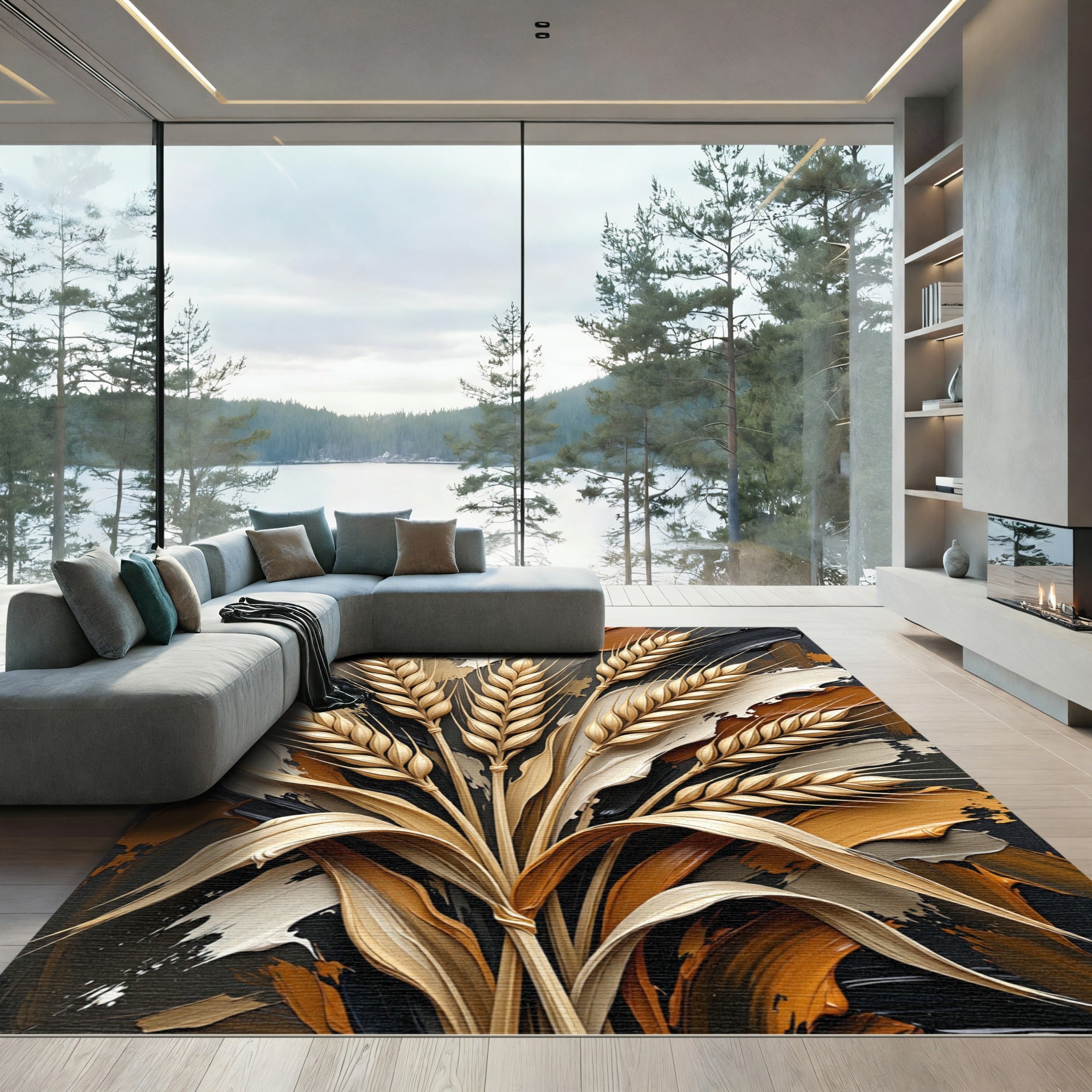 Golden Wheat Ears Abstract Brushstrokes Rug