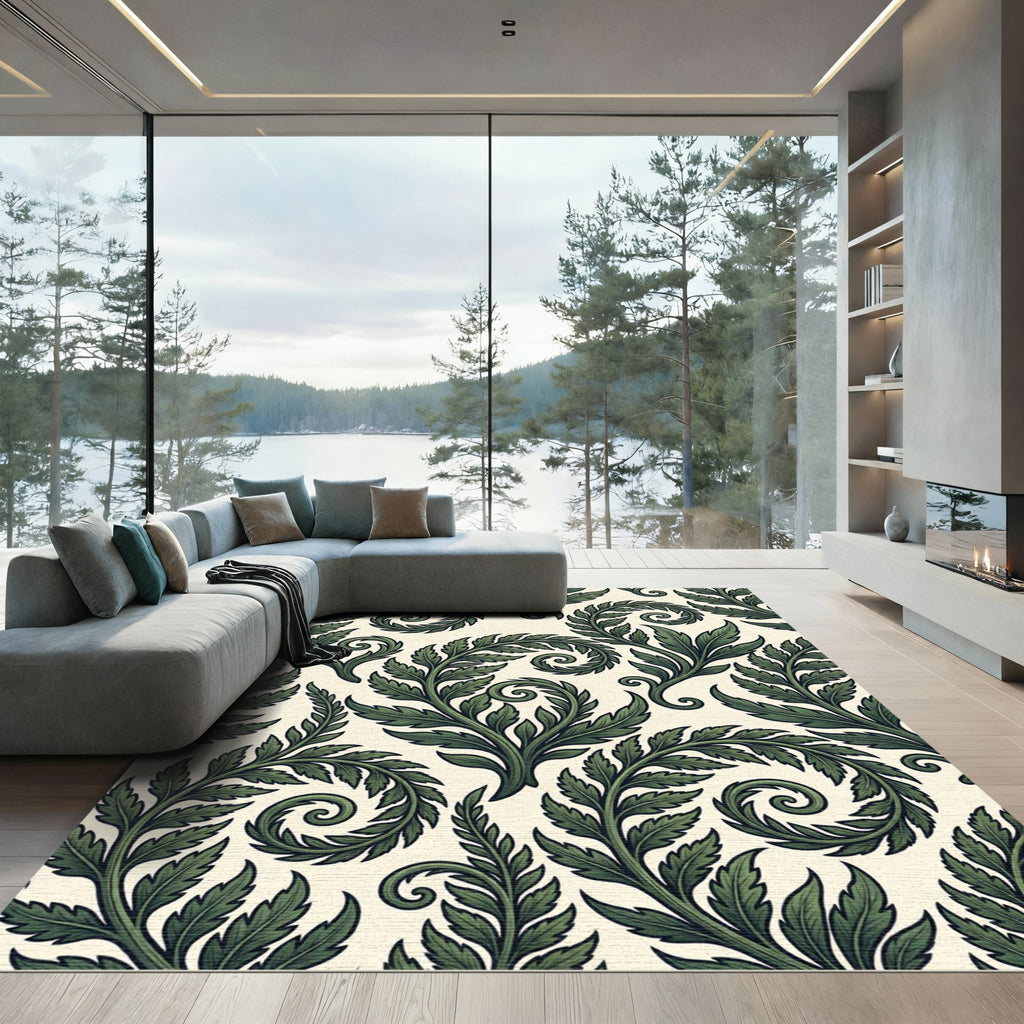 Dark Green Leafy Swirl Composition Rug