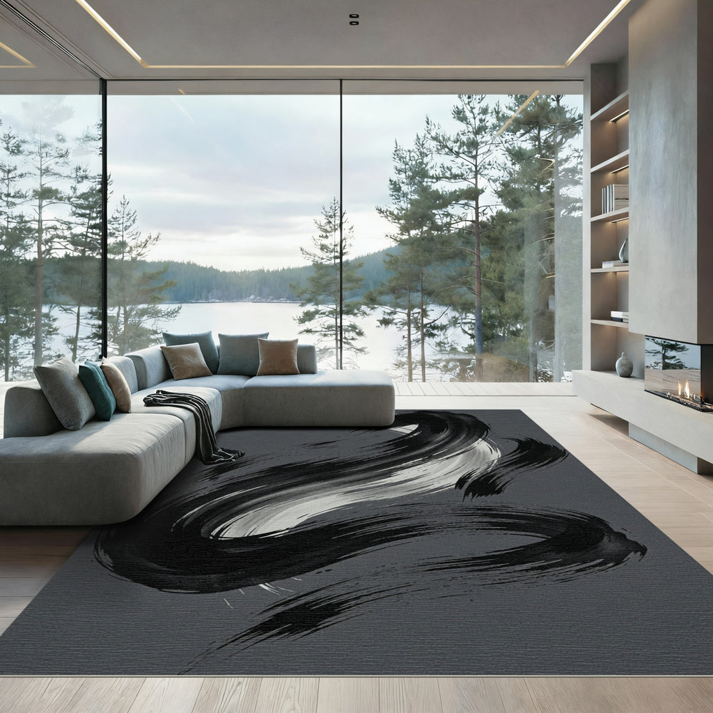 Bold Black Swirl Ink Brushstroke Rug