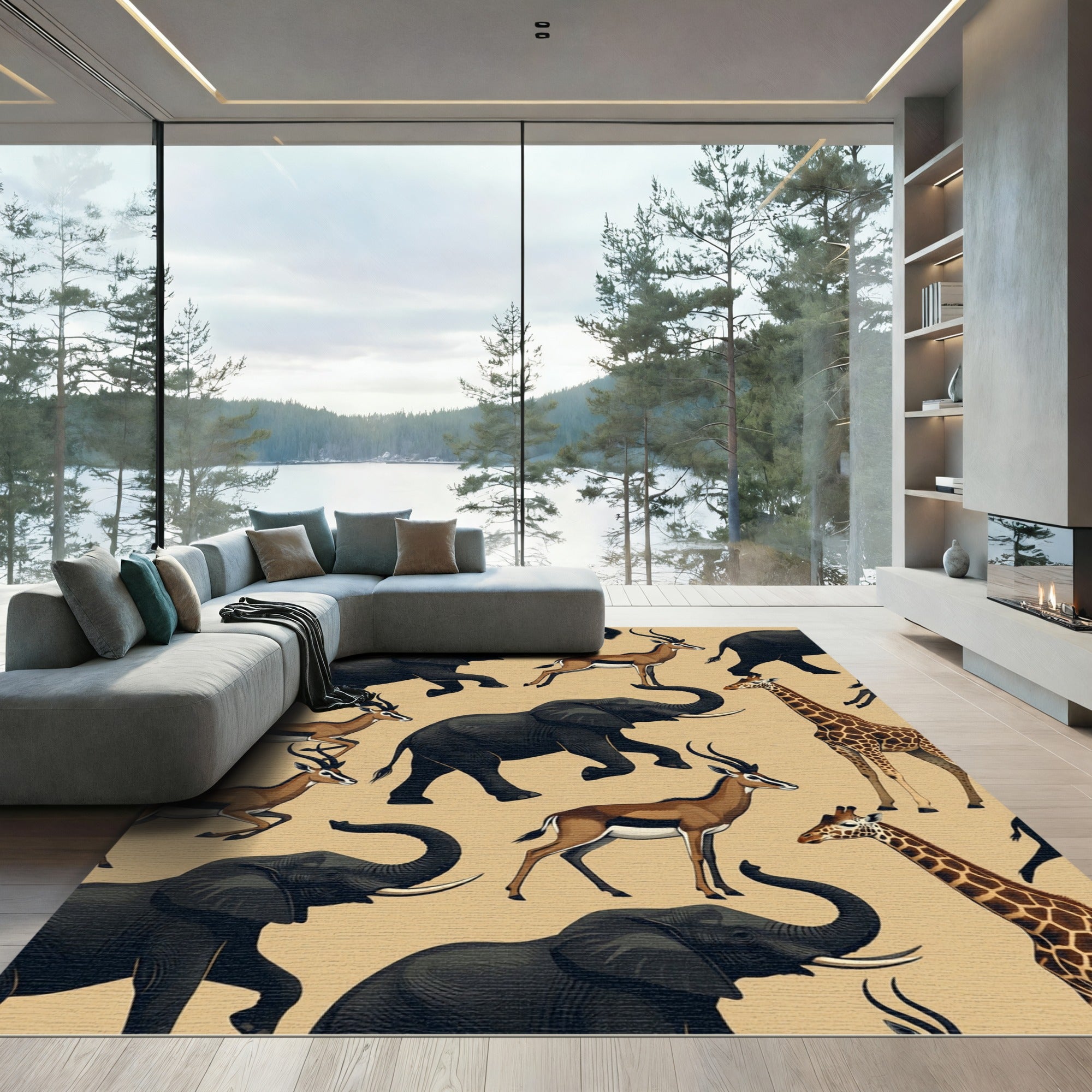 Safari Animal Illustration Cream Area Rug
