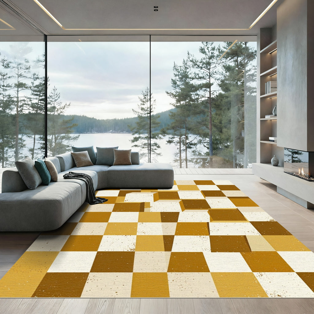 Modern Ochre Geometric 3D Block Rug
