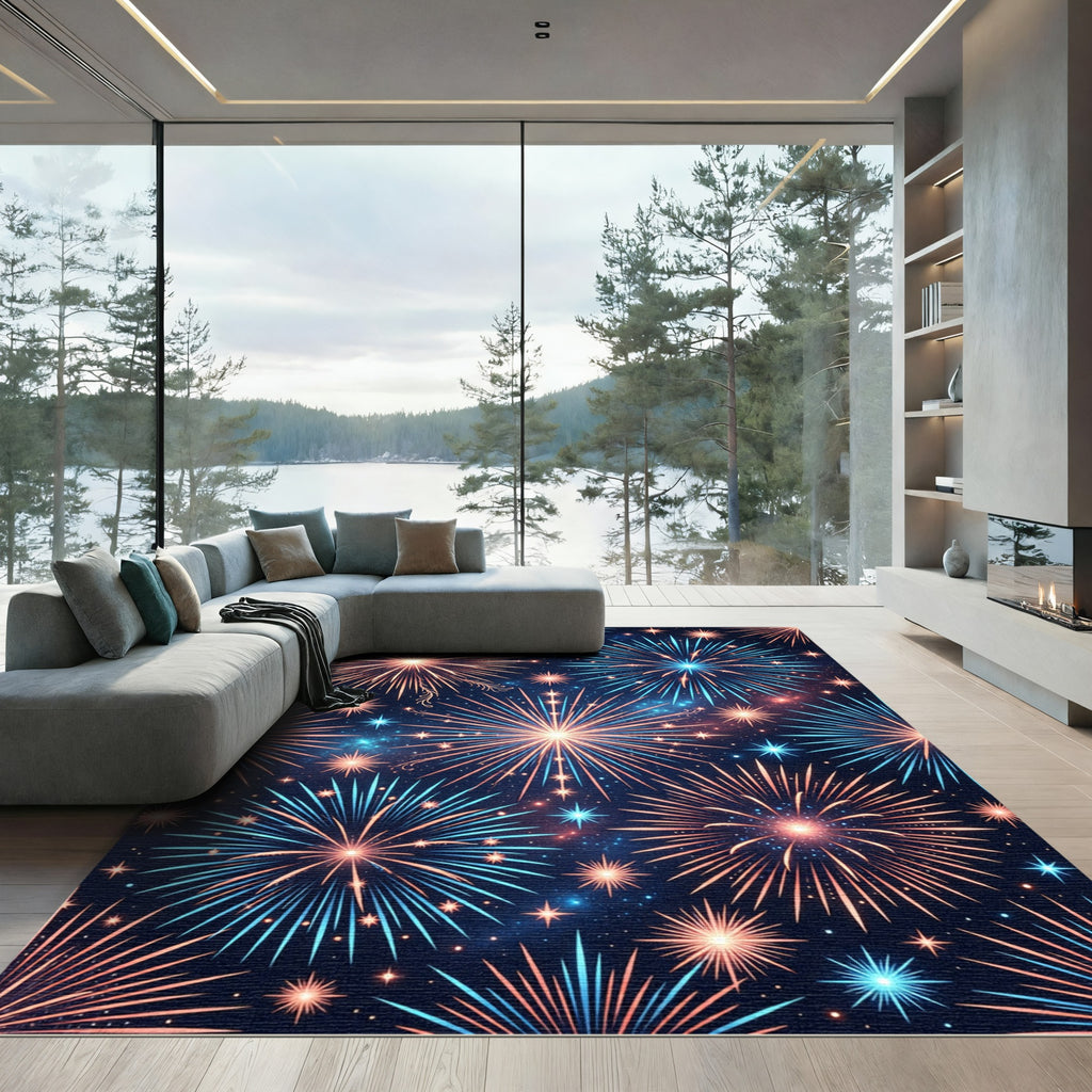 Luminous Blue and Gold Celestial Fireworks Rug