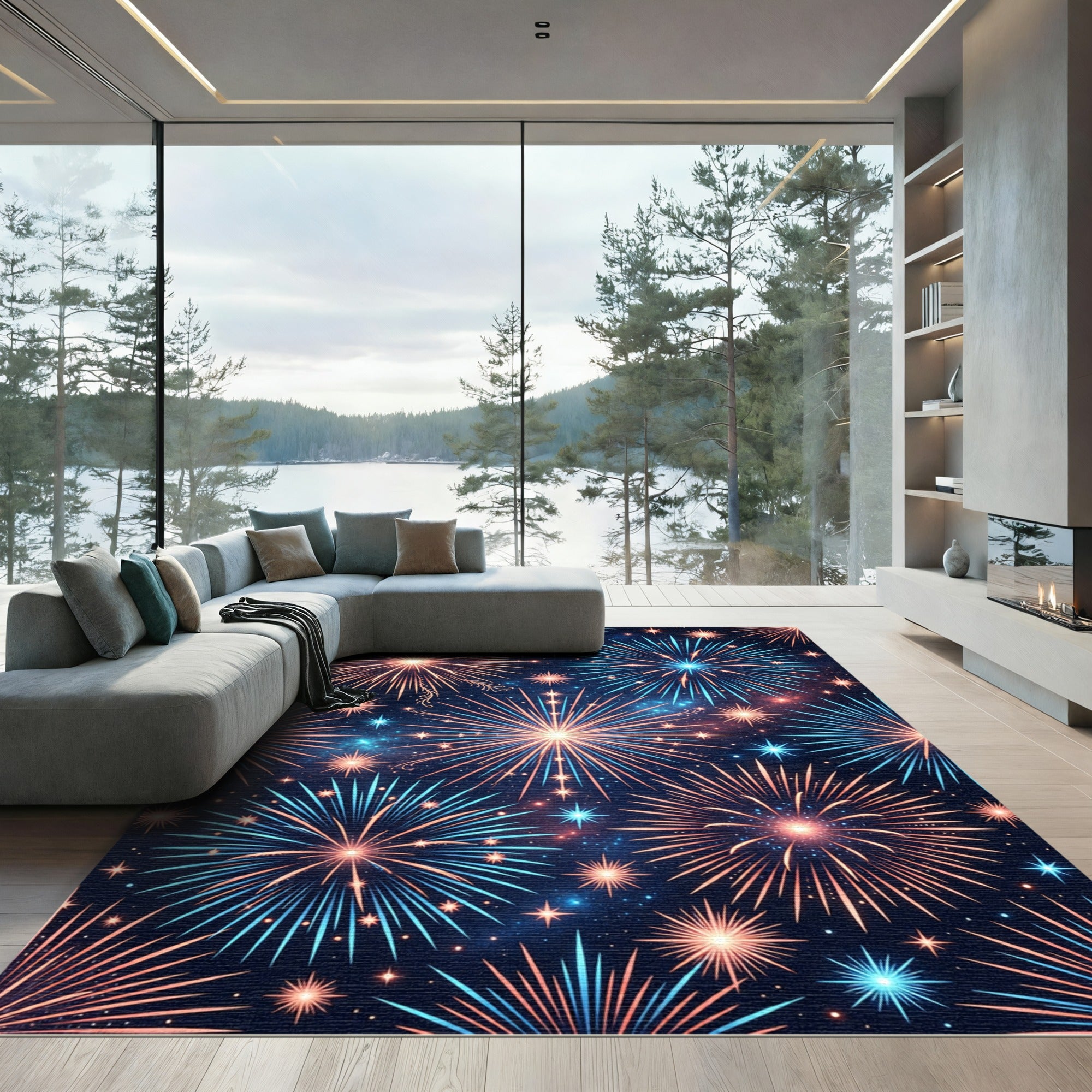 Luminous Blue and Gold Celestial Fireworks Rug